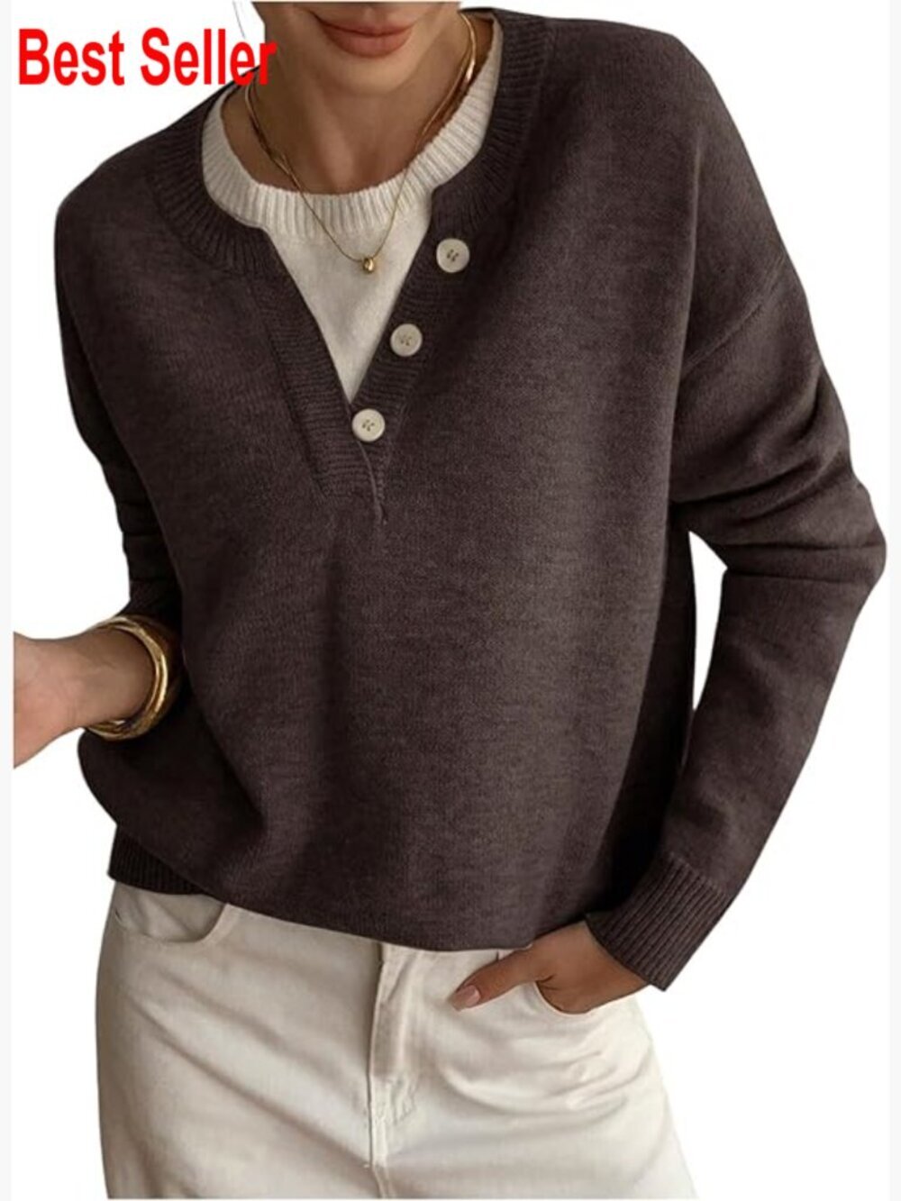 Long Sleeve Button Crew Neck Oversized Pullover Sweater 2-in-1 Knitted Top